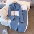 Blue Patchwork Pants Sets Women Fashion Long Sleeve Single-breasted Short Jacket Straight Trousers Two Piece Set Female New