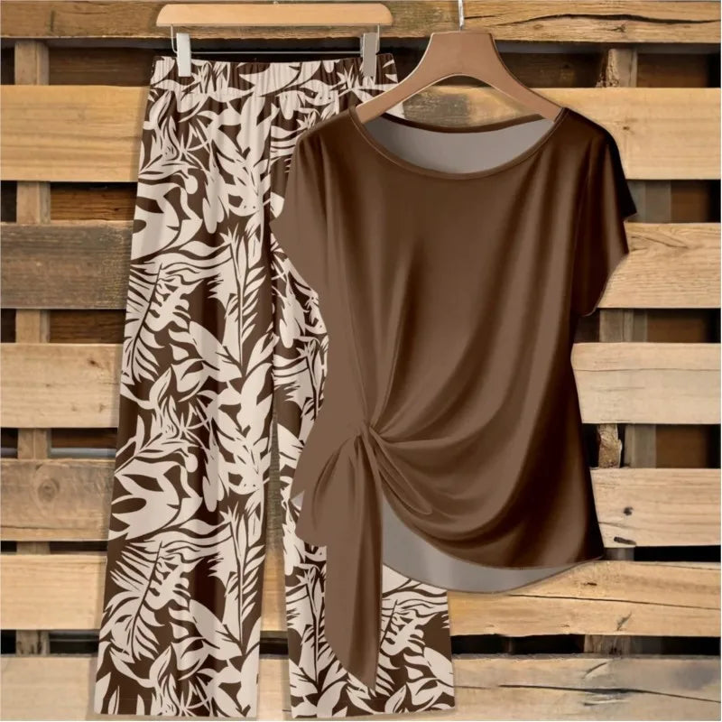 New Casual Printed Two Piece Set for Women O Neck Short Sleeve Ruffled Tops T-Shirt + Loose Wide Leg Pants Suits Summer 2026