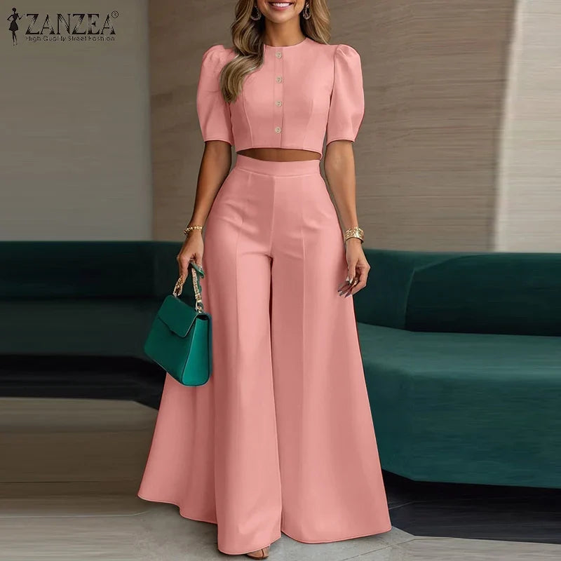 ZANZEA Plus Size 5XL Women 2-Piece Pant Sets Puff Sleeve Crop Top & Wide Leg Pant Matching Sets Elegant Chic Streetwear Co-ords