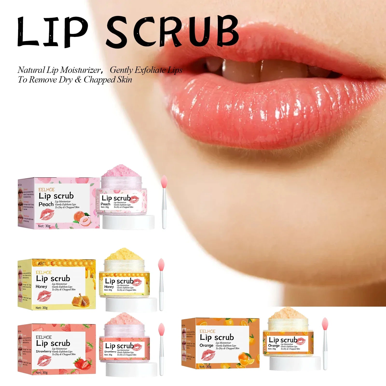 Watermelon Peach Lip Scrub: Moisturizes lips, replenishes moisture, reduces and improves dark circles around the mouth.