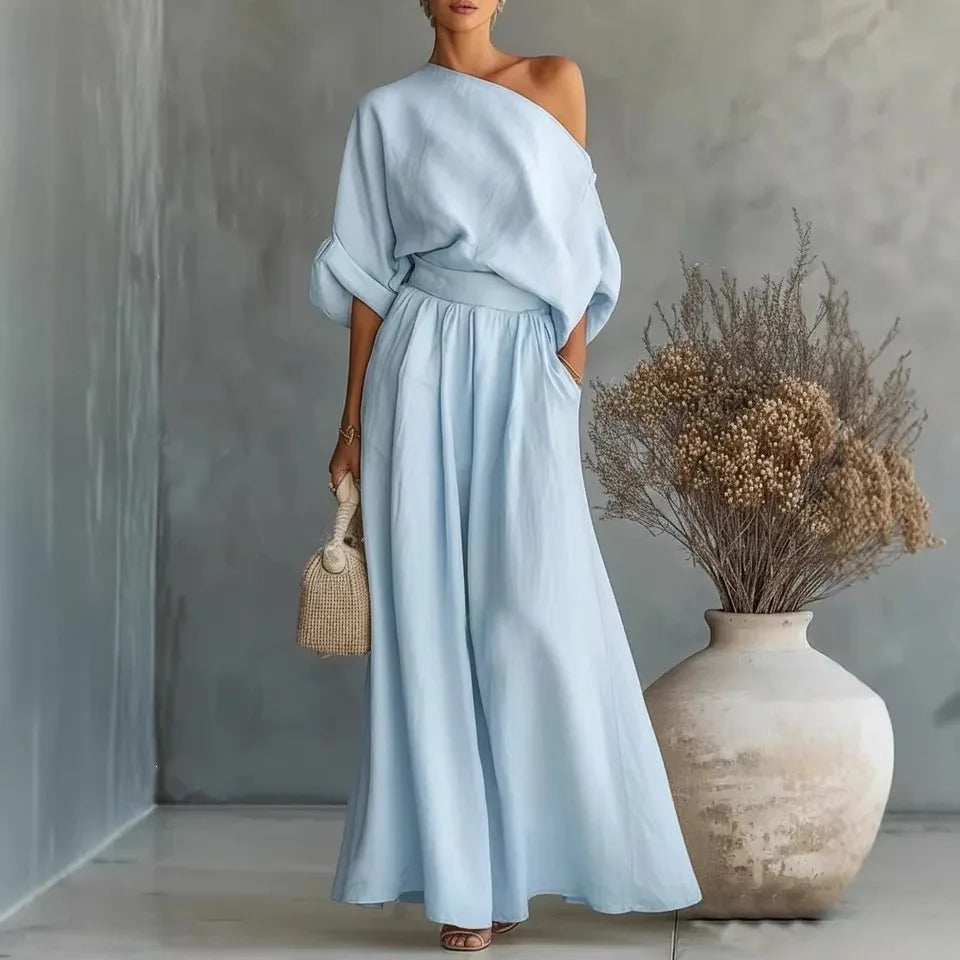 2026 Elegant Two-piece Short Sleeve Top & Casual Pants Set Woman Sexy Slash Neck Solid Suit Outfit Spring Fall Female Clothing