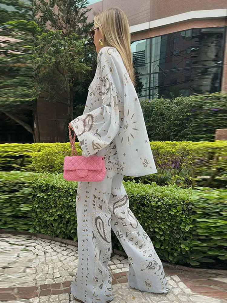Casual Printed Women's Shirt Trouser Suits Lace Up Long Sleeve Loose Wide Leg Pants Lady Set 2026 Autumn Female 2 Pieces Set New