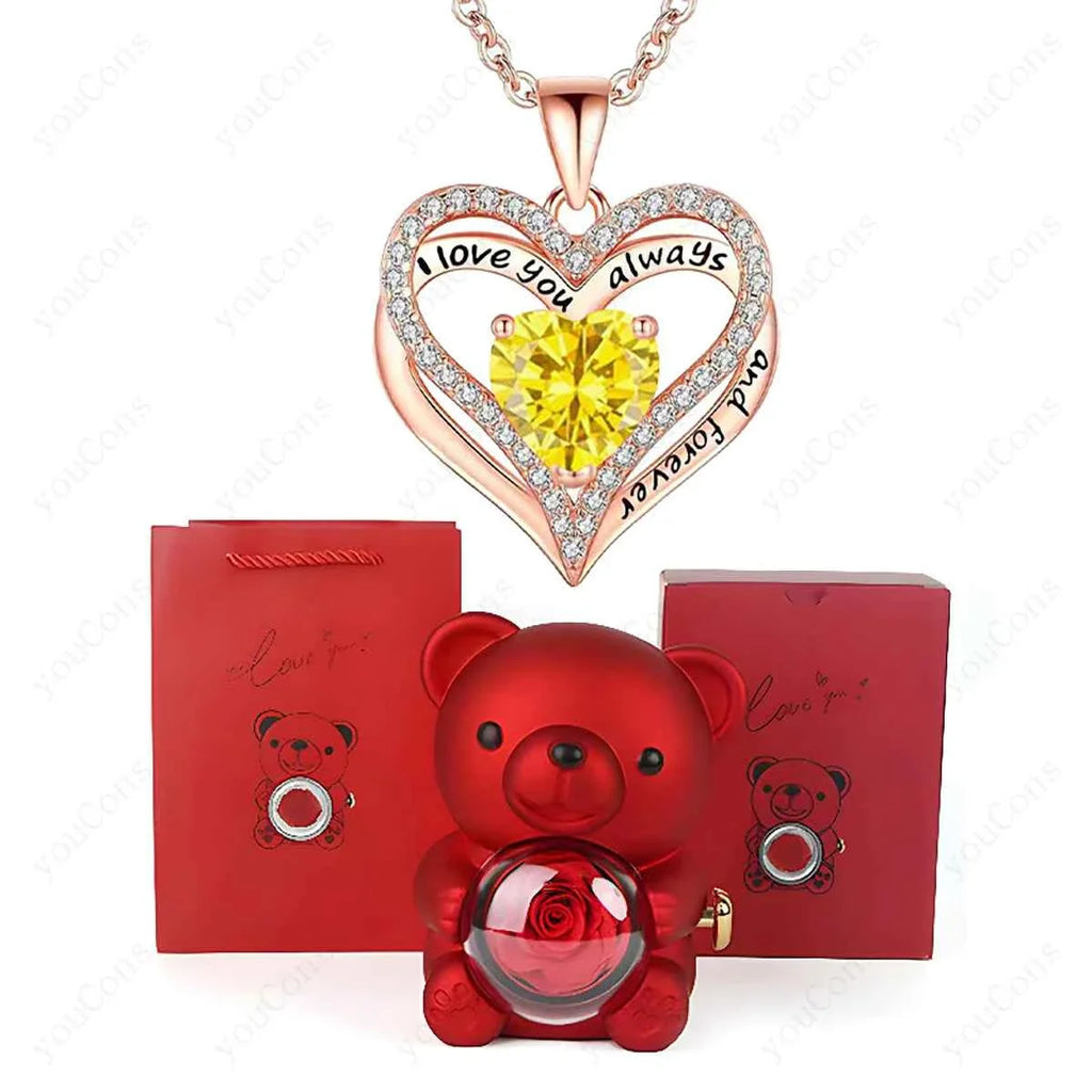 Red Heart Pendant Necklaces With Cute Bear Rose Gift Box For Women Mother Day 2026 Christmas Valentine Wedding Birthday Jewelry
