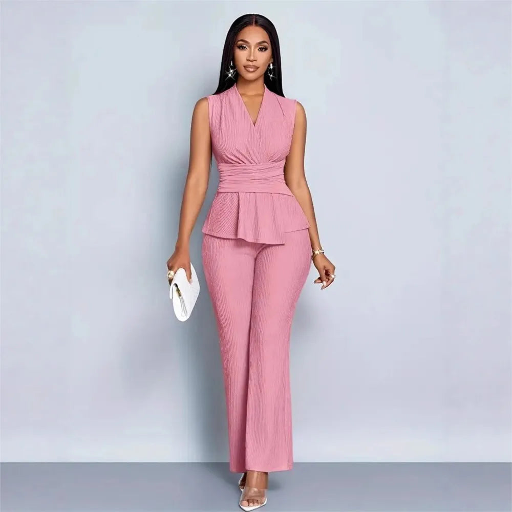 New Spring Summer Women's Trousers Two-piece Elegant Slim V-neck Sleeveless Irregular T-shirt Wide-leg Pants Office 2-piece Set