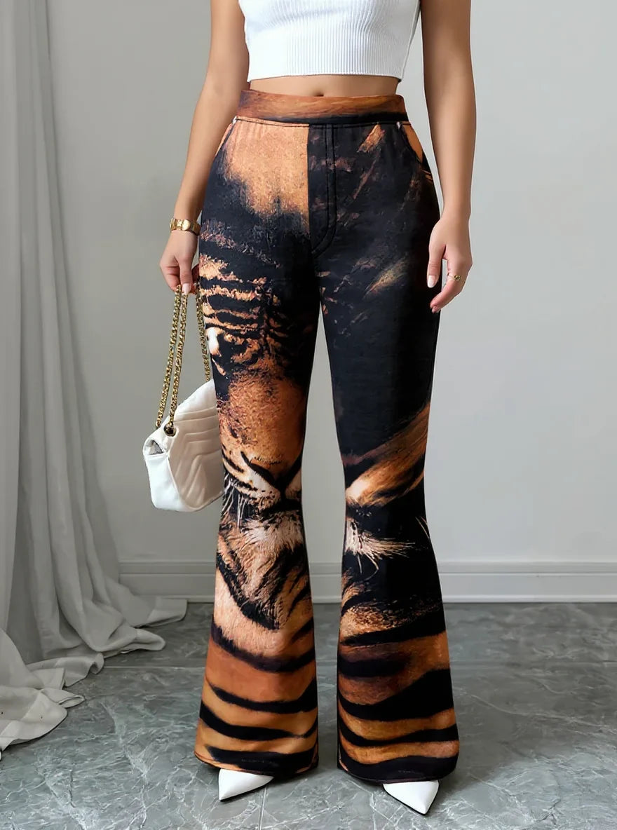 Women High Waist Tiger Print Flare Pants Vintage Animal Pattern Stretch Bell‑Bottom Trousers Club Party Streetwear Pants