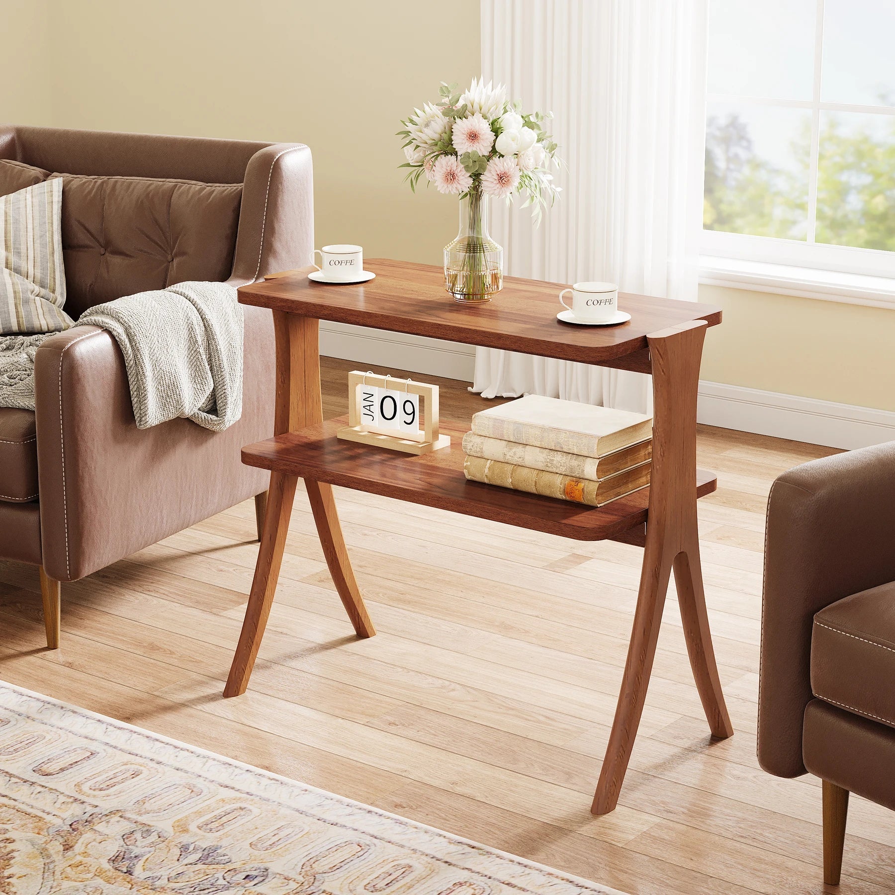 Tribesigns Walnut Side Table for Living Room, Narrow End Table with 2-Tier Storage Shelf and Solid Wood Legs, Slim Bedside Table