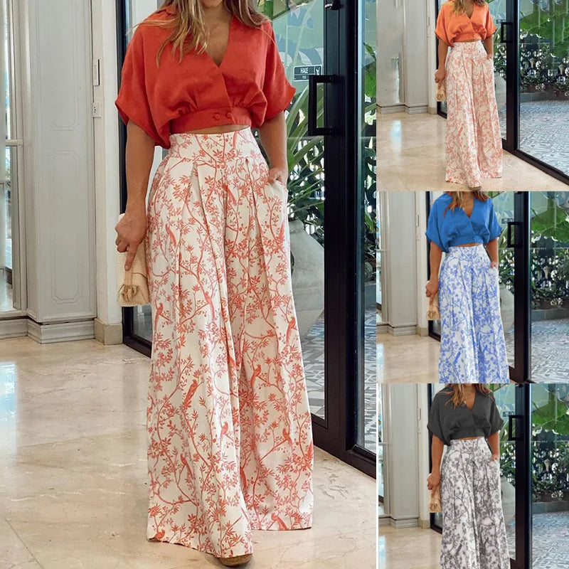 Women's Bell Bottom Pants Suit Solid Color Half Sleeve V-neck Shirt Printed Top Wide Leg Pants Summer Fashion 2 Piece Set