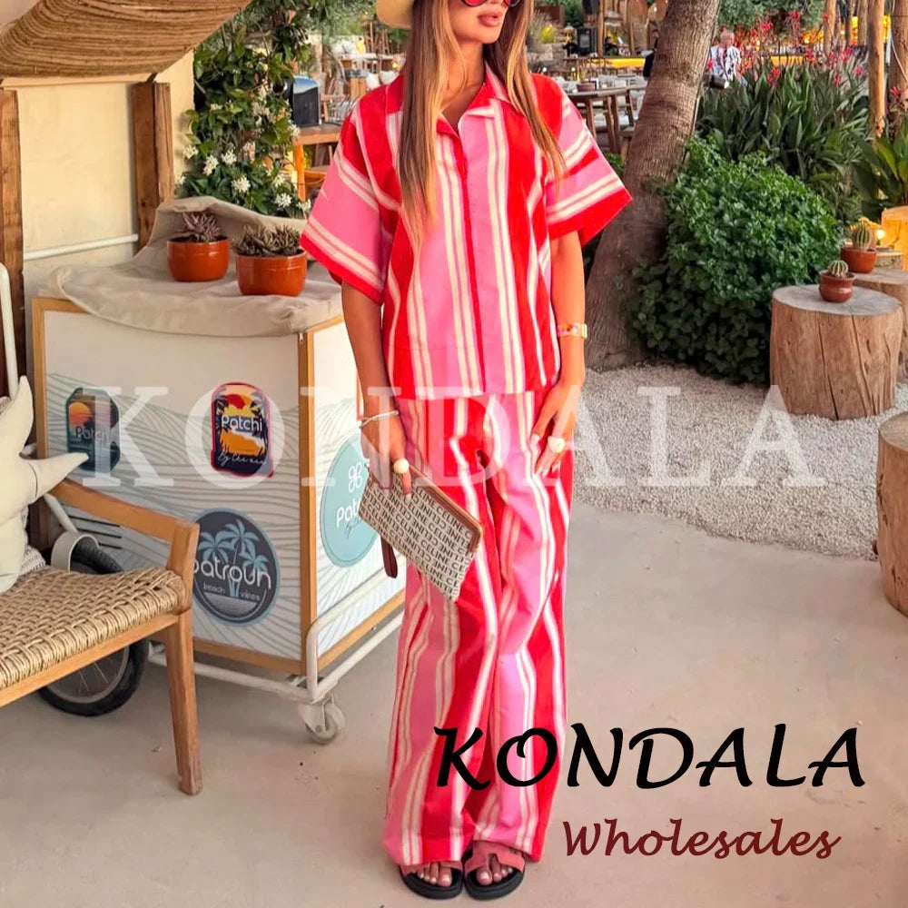 KONDALA Chic Women Striped Casual Suit Single Breasted Straight Shirt+Elastic Waist Long Pants Fashion 2026 Elegant Mujer Suit