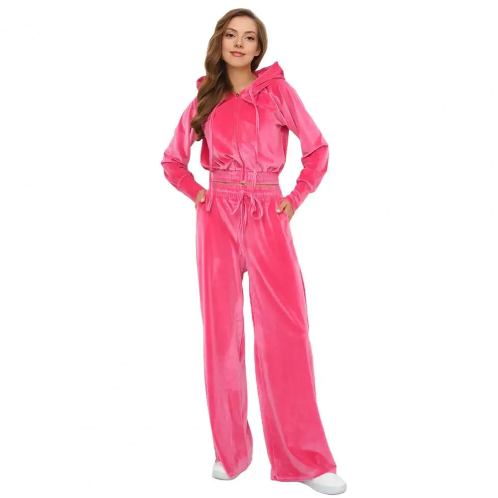 Womens 2 Piece Velour Tracksuit Soft Velvet Hoodies Outfits Athletic Zip Up Jacket And Wide Leg Pants Sweatsuit Set