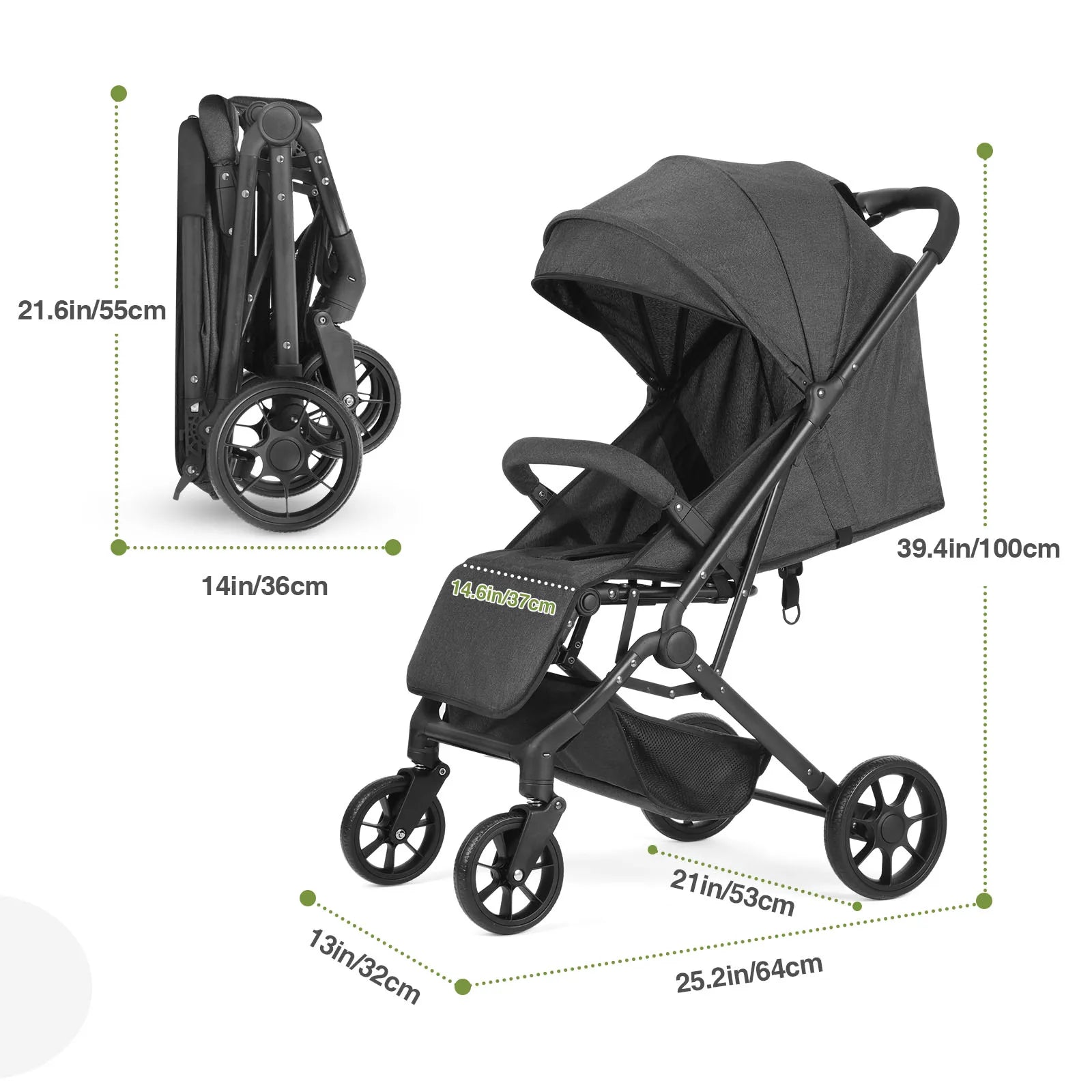 Lightweight Stroller, One-Hand Fold Compact Travel Stroller with 4-Wheel Suspension, Adjustable Recline & Canopy