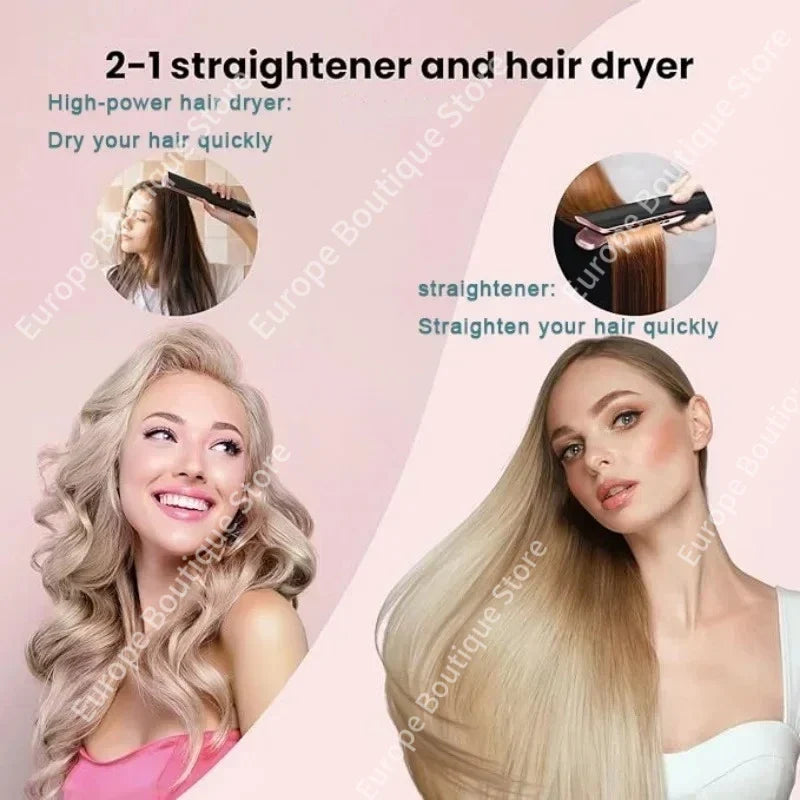 2-in-1 Hair Straightener and Dryer Combo - Negative Ion Heating Flat Iron for Quick Drying Long - Lasting Hair Styling Salon
