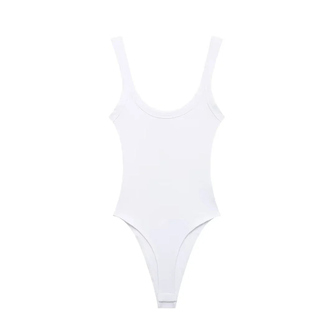 Women's Skinny Ribbed O-Neck Bodysuits with Straps Snap-Button Sexy Fashion Playsuits Comfortable Stretchy Female Clothing