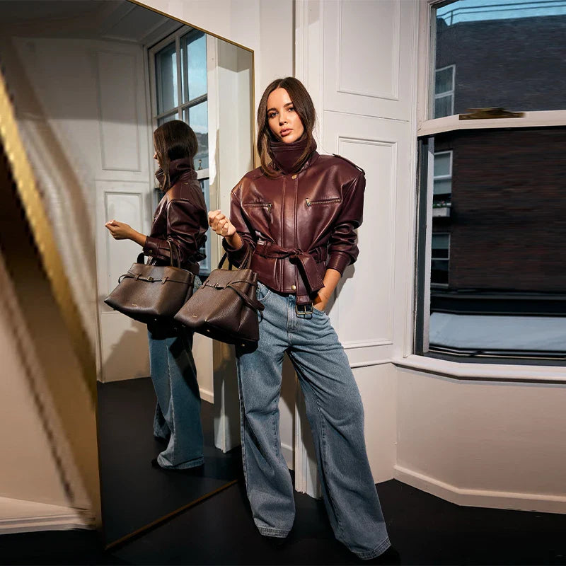 Vintage Fashion Elegant High Neck Leather Jacket 2025 New Exquisite Cinched Waist Short Coat High Street Faux Leather Clothes