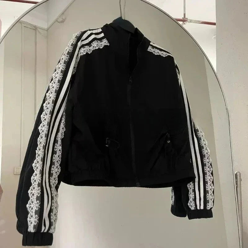 2026 Lace Patchwork Striped Sun Protection Jacket for Women 2025 New Korean Causal Zipper Stand Neck Cardigan Coat Top Design