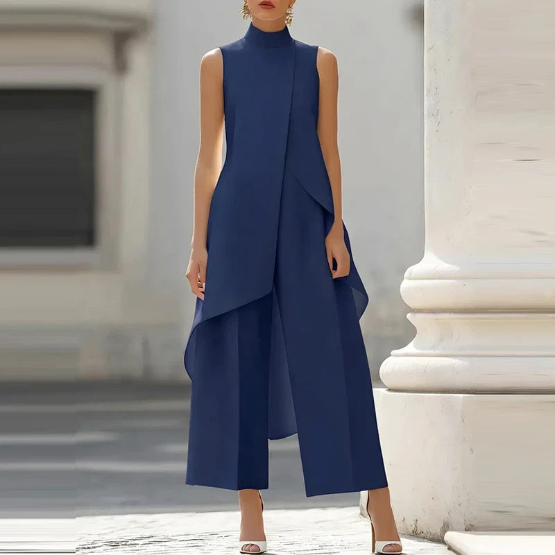 Simple Solid Color Irregular Summer Two Piece Female Stand Collar Sleeveless Top and Pants Office Suit High Street Casual Outfit