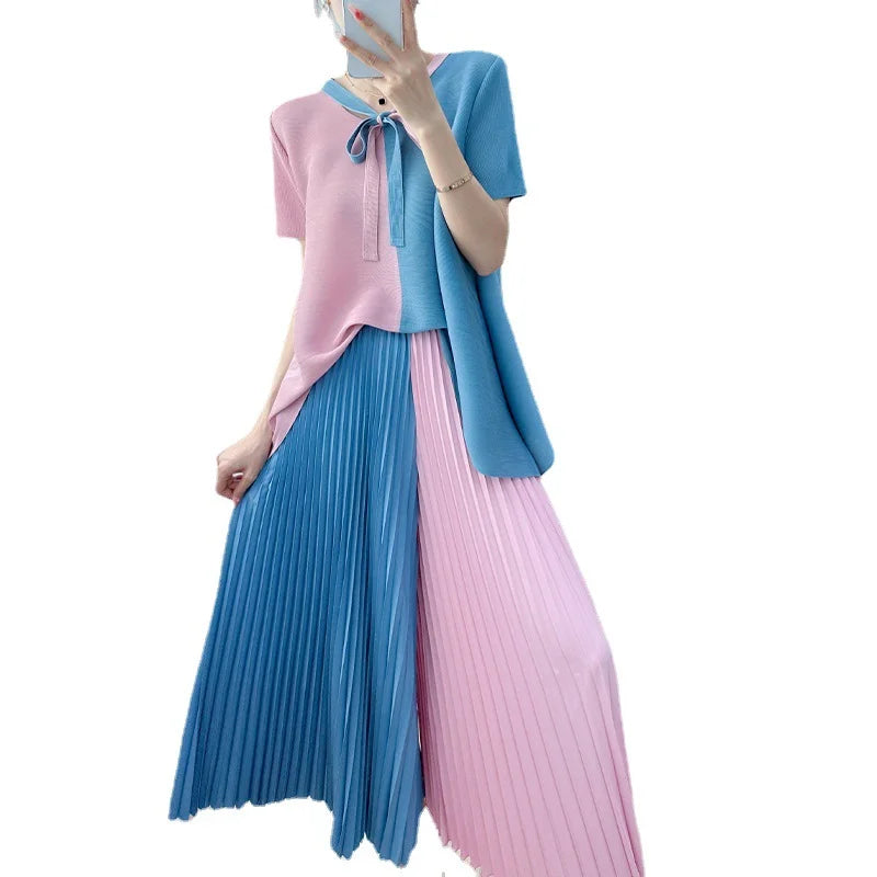 Blouse Pants Suit Women Summer Youthful Pleated Tie-front Delicate Short-sleeved T-shirt Wide-leg Pants New Comfortable Casual