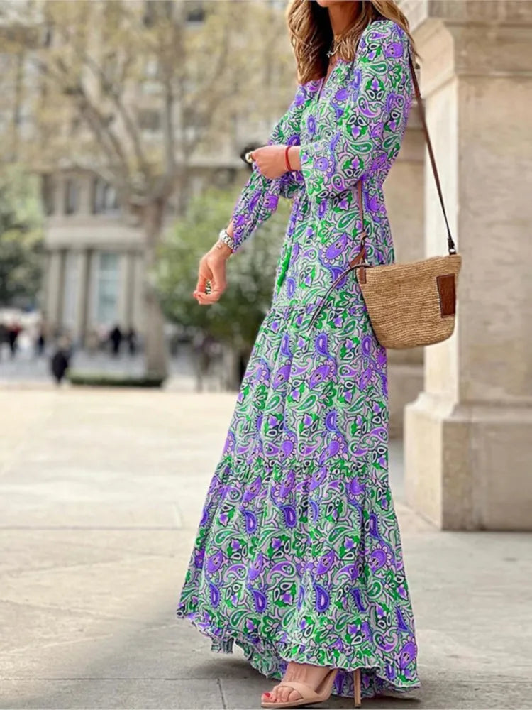 Women's Autumn New Fashionable Printed Sexy V-neck Long Sleeve High Waist Elastic Waist Medium Length Bohemian Dress