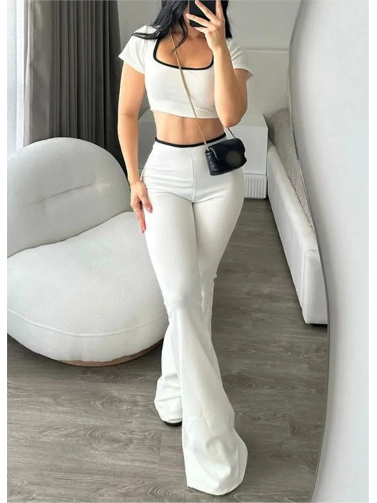 Women's Sexy Slim Set Fashion Short Sleeve Square Collar T Shirt Tops+High Waist Long Pants 2 Piece Sets For Female Streetwear