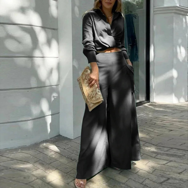 Women's Elegant Pants Sets Solid Long Sleeve Crop Shirt & High Waist Pants Two Piece Set Casual Work Suit Female V-Neck Top