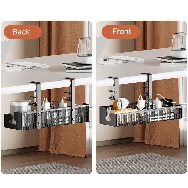 No Drilling Extendable Under Desk Cable Management Metal Cable Tray Under Desk With Clamp Retractable Power Strip Cord Holder