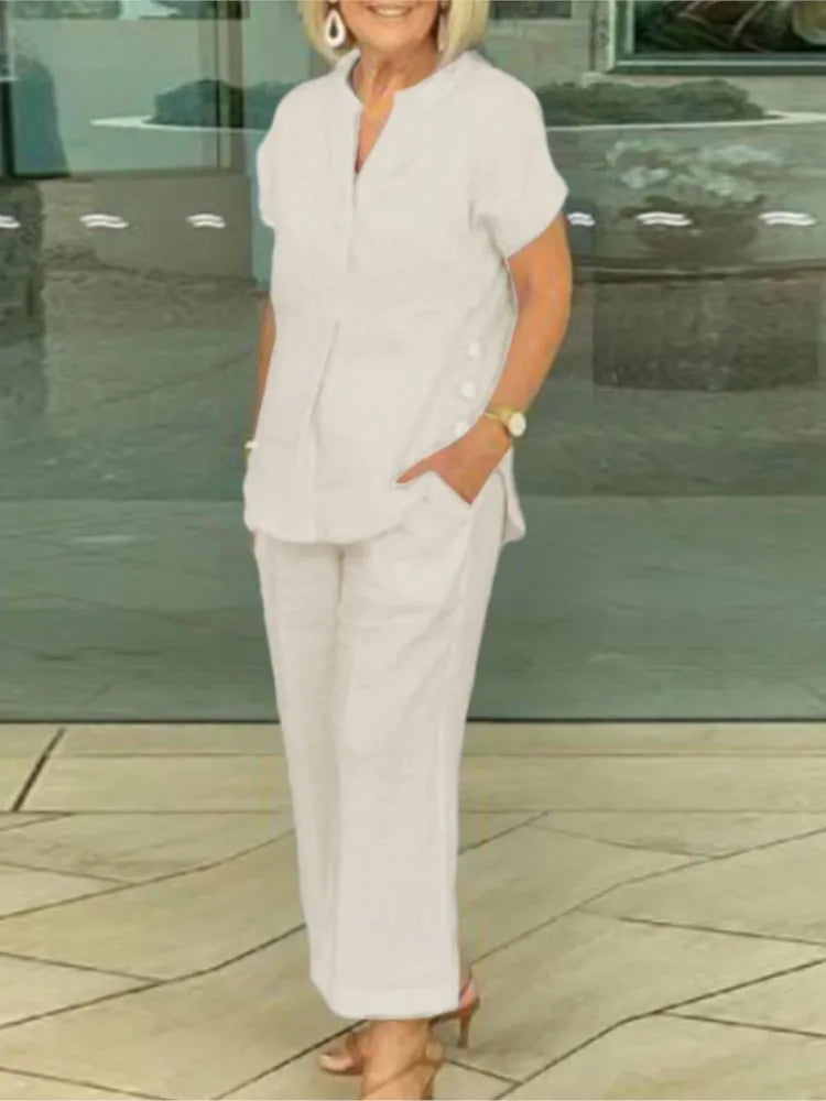 New Summer Women's Short-sleeve Tops Pants Casual Two-piece Suit Fashion Elegant Office Solid Holiday 2-piece Set Women Clothes