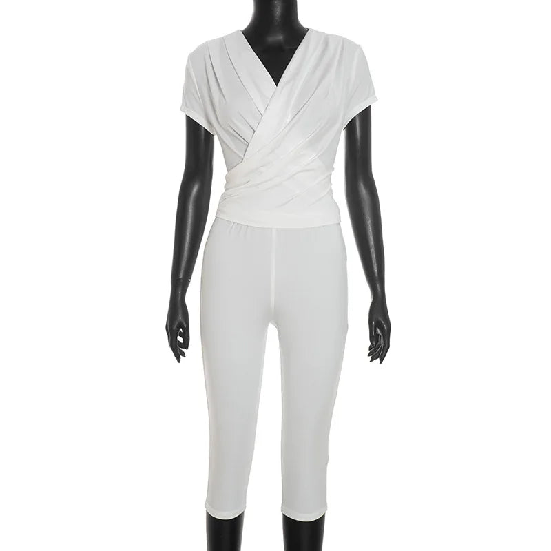 Stylish Lady Cross V Neck Ruched Short Sleeve Two Piece Set High Waist Capri Pants 2026 Women Solid Bodycon Casual Tracksuit