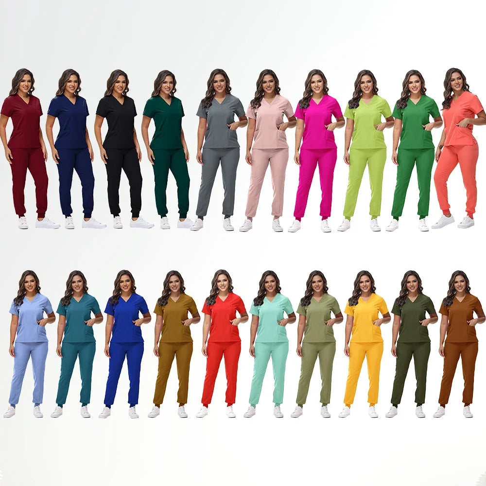 Stretchy Nurse Uniforms V-neck Top Jogger Pants Scrub Sets Surgical Workwear Dentist Nursing Suit Hospital Doctor Outfit S21