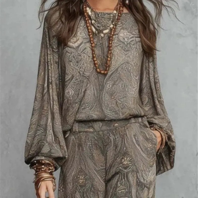 Boho Paisley Print Two-Piece Set for Women Sexy V-Neck Long Sleeve Blouse Top Wide Leg Pants Summer Casual Loose Suit Female Set