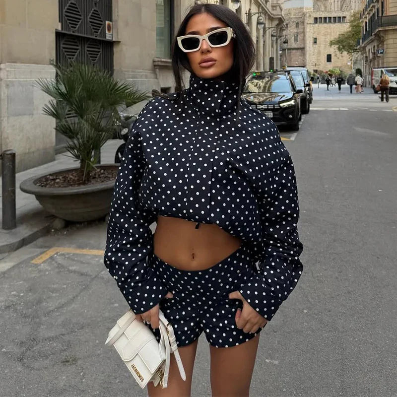 TARUXY Fashion Polka Dot Print Jacket Coat Women's Stand Collar Long Sleeved Workwear Coat Ins Hot Short Casual Female Jackets