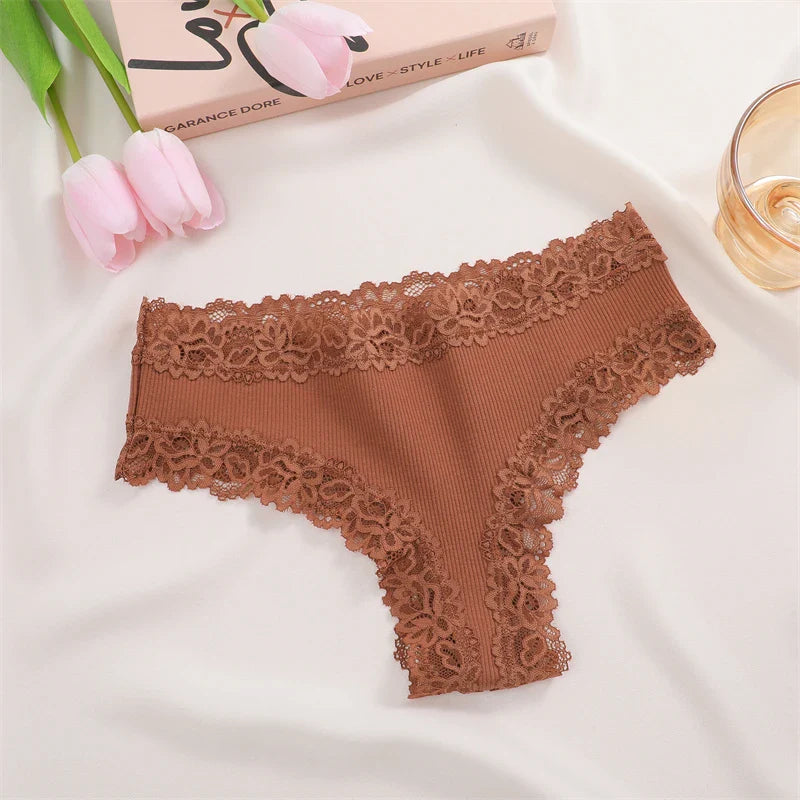 New Lace Seamless Cotton Panties Ribbed Maillard Brazilian Pants LowWaist Women Panties Breathable Girls Underwear Soft Lingerie