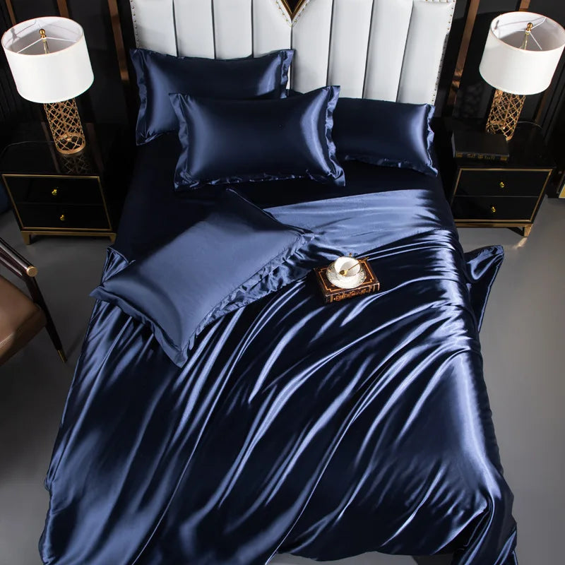 A/B Double-Sided Color Bedding Set Silky Satin Duvet Cover Bed Sheet Pillowcase Luxury Bedsheet King Queen Double Twin Size