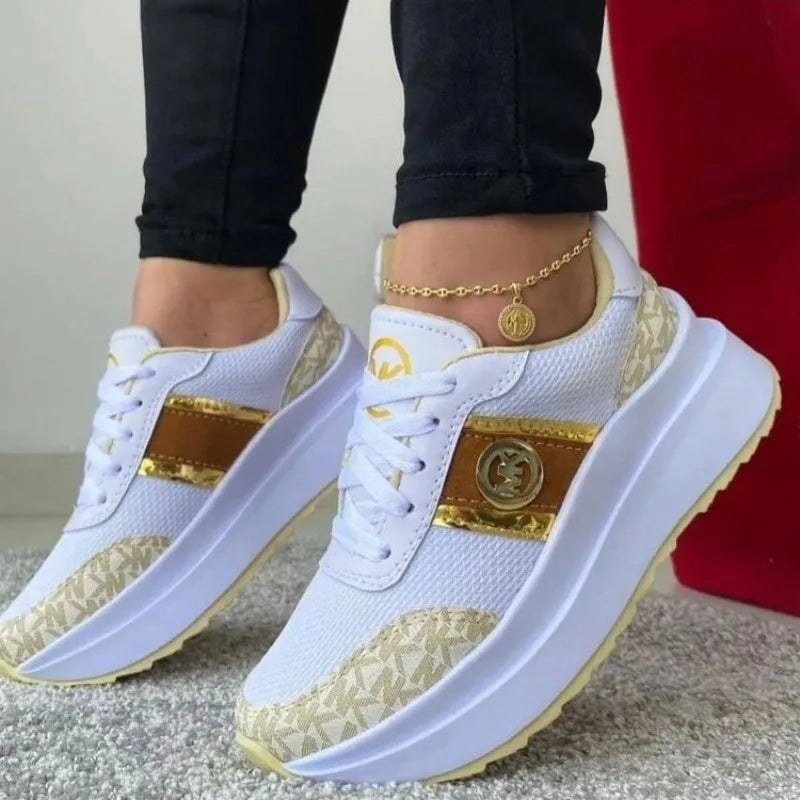 Ladies New Style Trendy Casual Shoes Lace-up Flat-soled Color Matching Vulcanized Shoes Women's Tennis Running Thick-soled Shoes