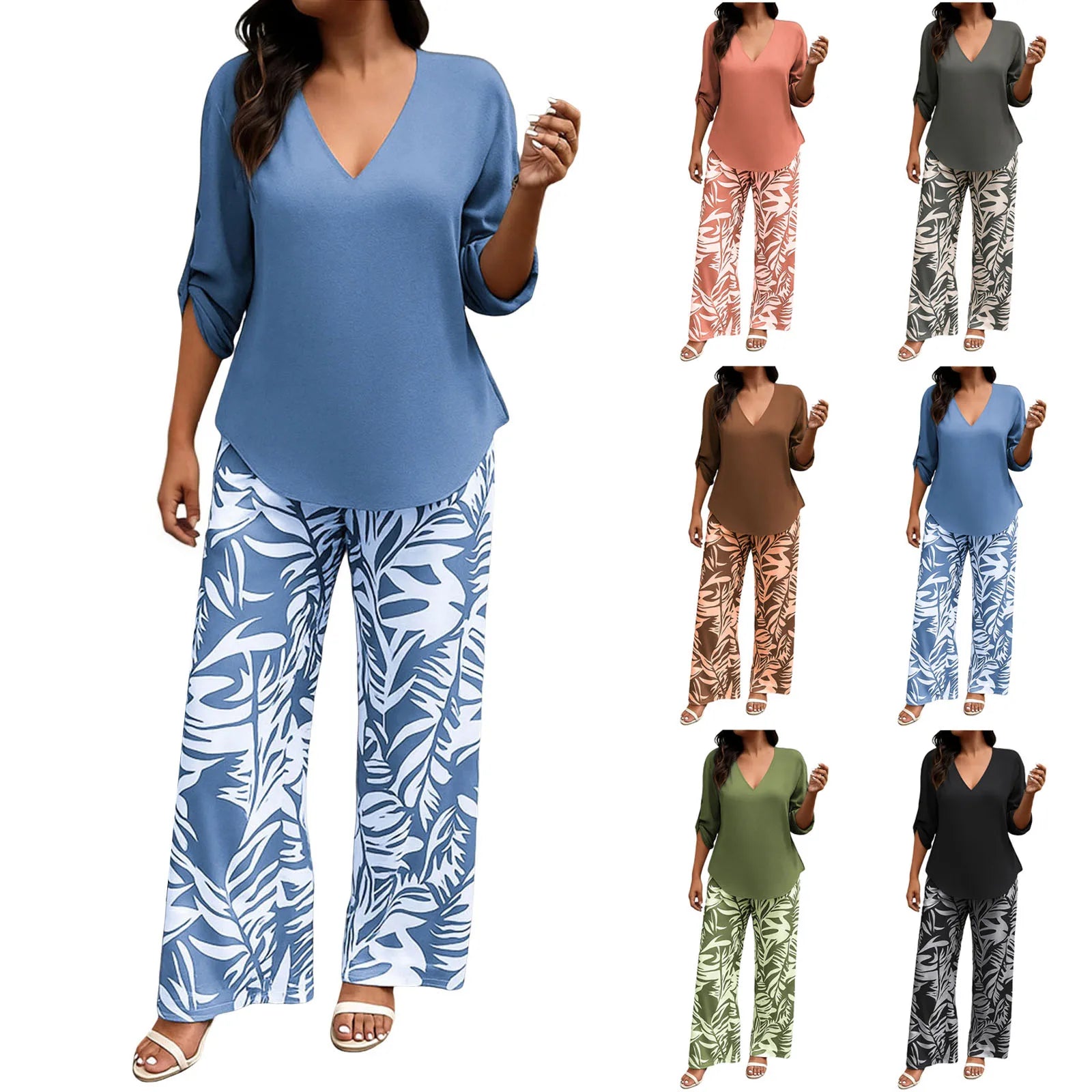 Women Solid V Neck Long Sleeve Digital Print Pants Two Piece Set Casual Stylish Matching Outfit for Daily Outdoor Lounge Wear