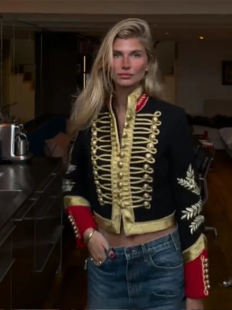 Fashion Napoleon Golden Short Jacket Women Female Stand Collar Knot Button Long Sleeve Slim Jackets 2026 Spring New Streetwear