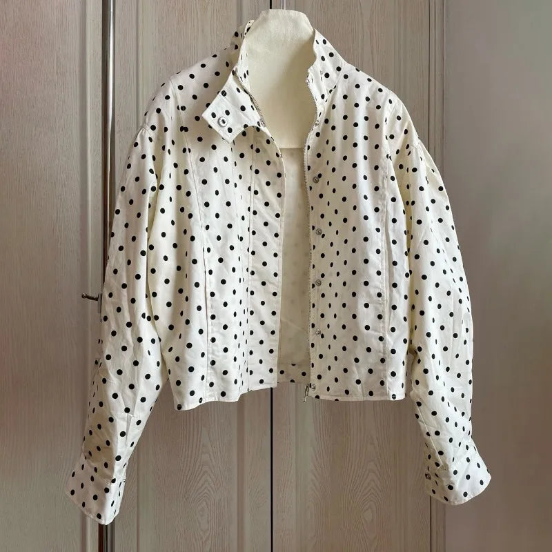 TARUXY Fashion Polka Dot Print Jacket Coat Women's Stand Collar Long Sleeved Workwear Coat Ins Hot Short Casual Female Jackets