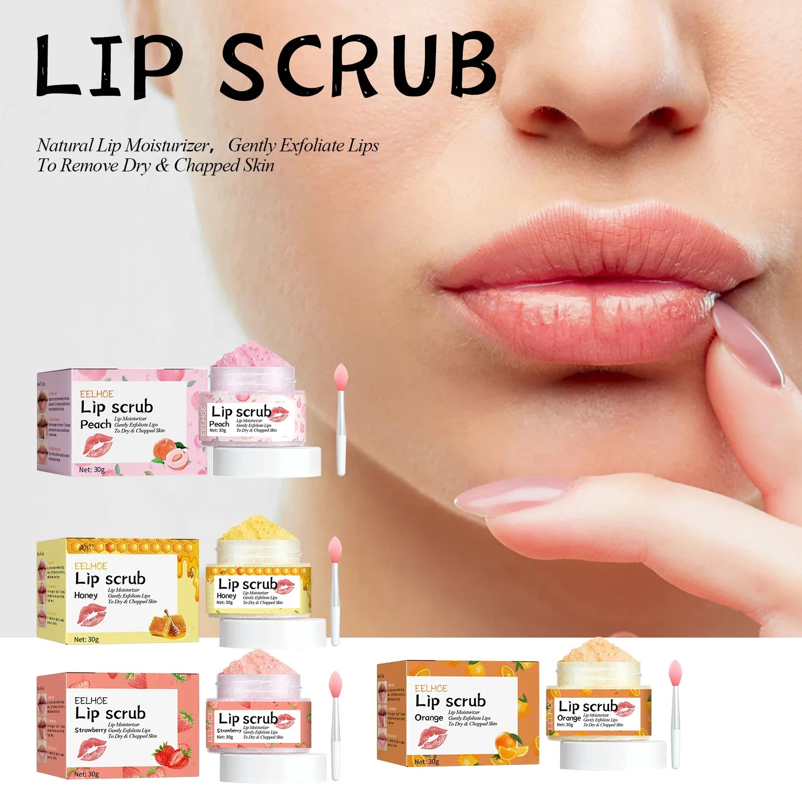 Watermelon Peach Lip Scrub: Moisturizes lips, replenishes moisture, reduces and improves dark circles around the mouth.