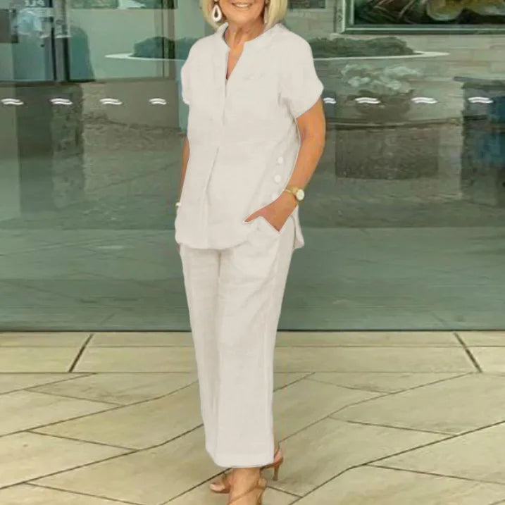 New Summer Women's Short-sleeve Tops Pants Casual Two-piece Suit Fashion Elegant Office Solid Holiday 2-piece Set Women Clothes