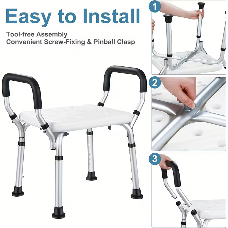 Shower Chair with Armrests, Shower Stool Height Adjustable, Bath Stool Maximum Load 330.69LB with Non-Slip Foot Pads, Bath Chair for Seniors, Pregnant Women, Disabled Tool-free Assembly, Armrest Stool, Nonslip Pads, Highcapacity Seating, Adjustable