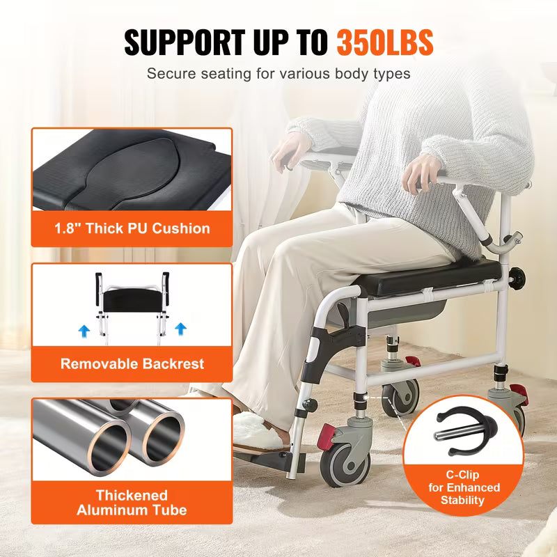 Shower Commode Rolling Walkers with 4 Lockable Wheels, Adjustable