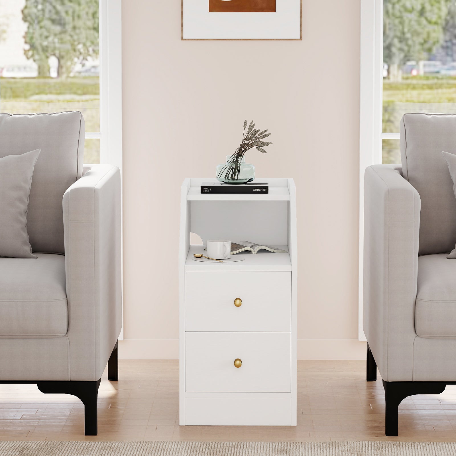 Side End Table with Charging Station Sofa Couch Table with Shelf Drawers