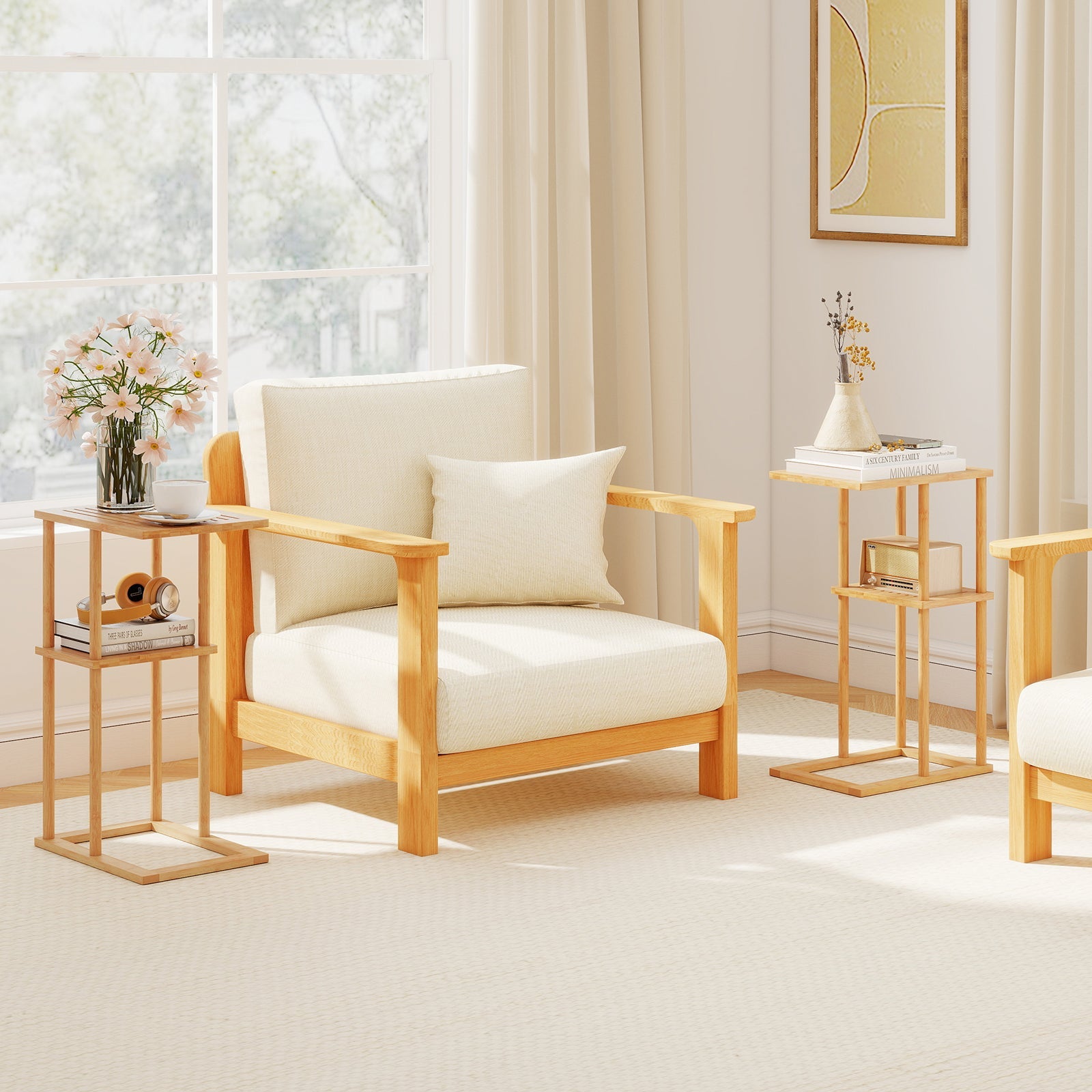 Side Table Set of 2 with Storage Shelves and Bamboo Construction-Natural