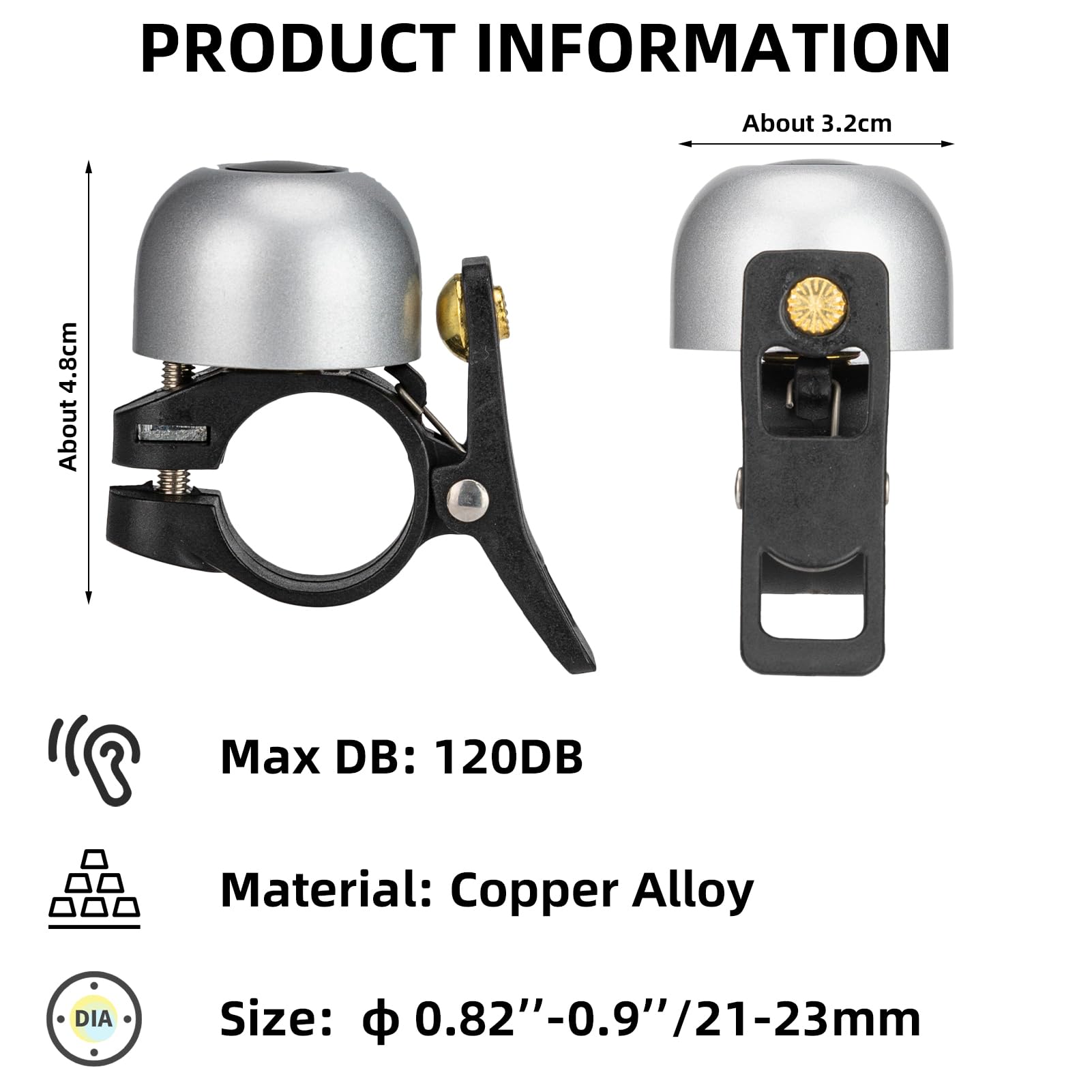 ROCKBROS Copper Alloy Bike Bell, Loud Classic Ring, Fits 21-23mm Handlebars for Adults