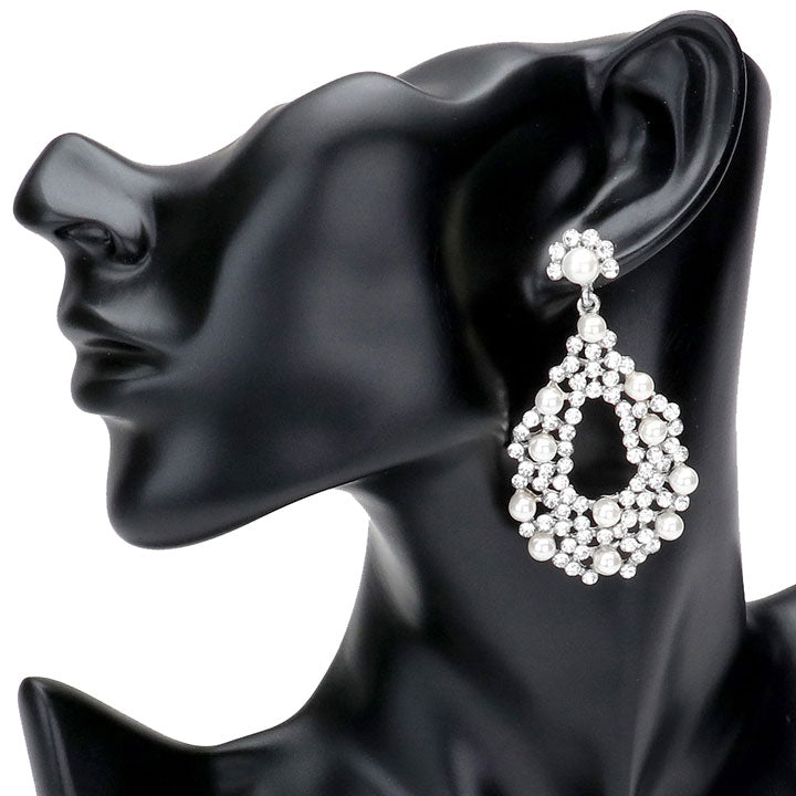 Pearl Detail Rhinestone Open Teardrop Evening Earrings