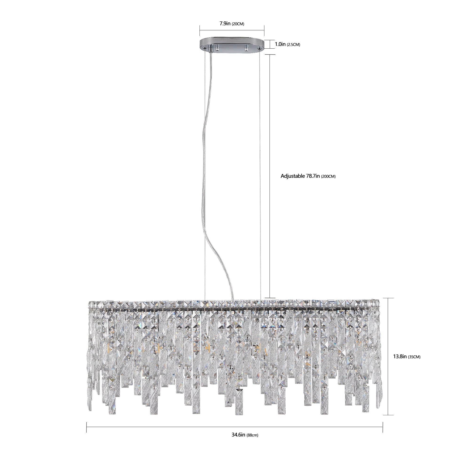 34.6" Oval K9 Crystal Chandelier | 6-Light Silver Modern Ceiling Light with Cascading Teardrop Crystals — Dining Room, Living Room & Bedroom