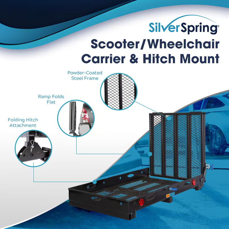 Silver Spring Folding Steel Wheelchair Carrier with Ramp & Hitch Mount, 48" x 27.75", Black - Heavy-Duty and Foldable Mobility Carrier for Scooter Vehicles and Wheelchairs