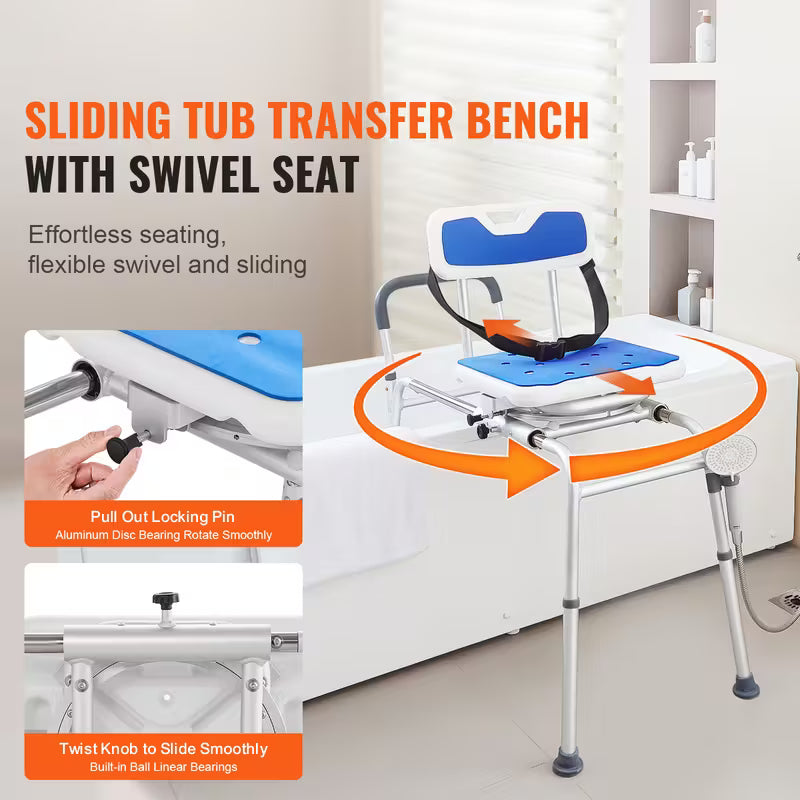 Sliding Tub Transfer Bench Shower Chair with 360 Degree Swivel Seat 400LBS