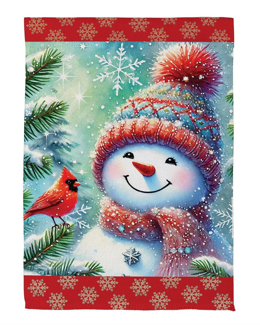 Snowman With Cardinal Friend 2 Sided Garden Flag