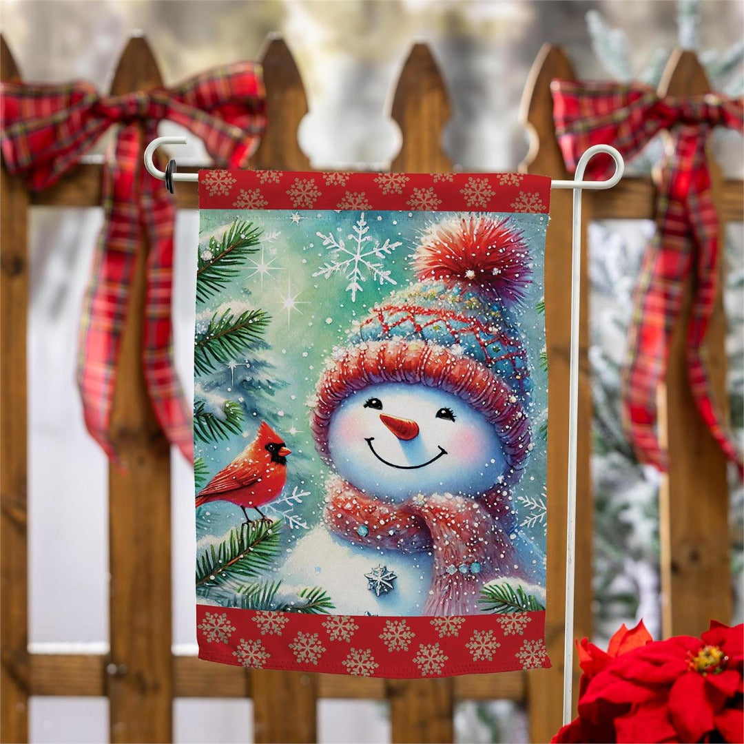 Snowman With Cardinal Friend 2 Sided Garden Flag