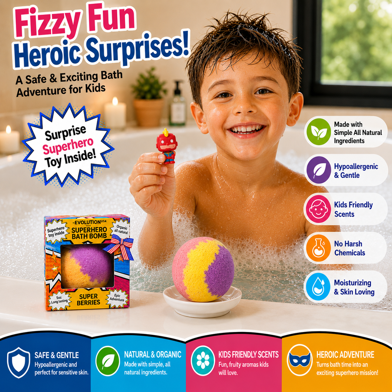 EvolutionUSA 1pc Epic Superhero Bath Bombs for Kids
