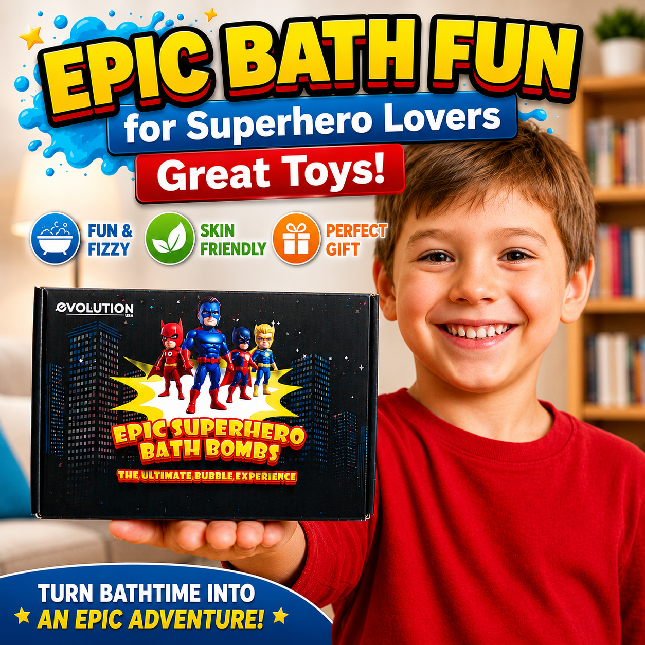 EvolutionUSA 6pc Epic Superhero Bath Bombs for Kids